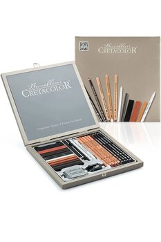 CretaColor Black & White Box Ahşap Kutulu Profesyonel Karakalem Eskiz Çizim Seti 25 Parça