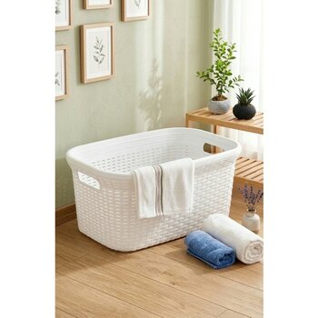 Saban Beyaz, Hasır Desenli Plastik Çamaşır Selesi - 25x35x53cm - Beyaz