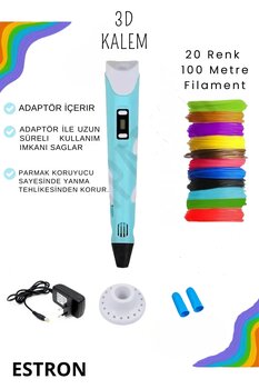 ESTRON Mavi 3d Kalem 3d Pen Yazıcı Kalem | 20 Adet 5 Metre (TOPLAM 100 METRE) Filament Adaptörlü