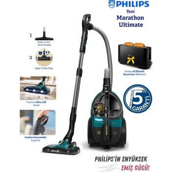 Philips Kumandalı Kontrol Güçlü Emiş, LED Işıklı Başlık ve Hepa Filtre ile Tozdan Iz Bırakmaz-Turbo Halı Döver Başlıklı Toz Torbasız Süpürge