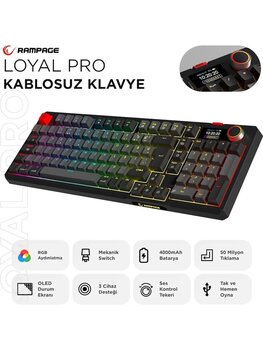 Rampage Loyal Pro Gri/Siyah 3 Bt + 2.4 Ips Ekranlı Red Switch Rgb Mekanik Kablosuz Klavye
