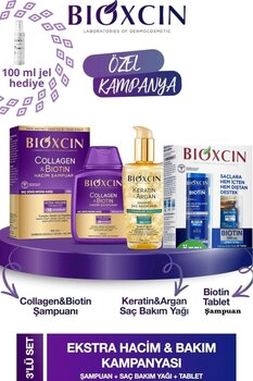 Bioxcin Collagen Biotin Şampuan 300ml + Biotin Tablet ve Şampuan 300ml + Keratin Argan Yağ 150ml + 100ml Jel