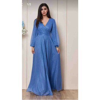 Güzeller Beli Kuşaklı Kravuze Yaka Simli Isteme Söz Nişan Nikah Elbisesi Abiyesi - 48 - 04G-Mavi