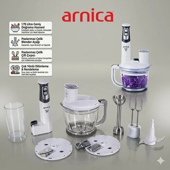 Arnica Diva Pro Gh21800 1200W Paslanmaz Çelik Bıçaklı Rendeli Doğrayıcı El Blender Seti 1.75 Litre Beyaz