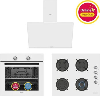 Simfer 4 Fonksiyon Trend Beyaz Cam 3'lü Ankastre Set(Fırın + Ocak + Davlumbaz)