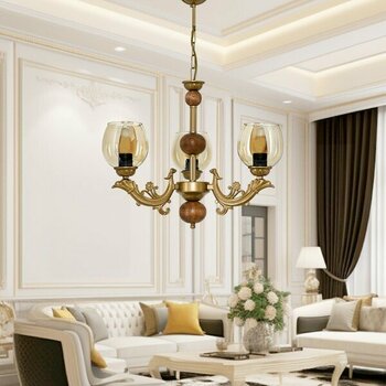 Dede Üç Kollu Ahşaplı Eskitme Sava Zamak Avize Bal Rengi Camlı