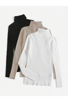 Buteks Unisex Bej - Beyaz- Siyah 3’lü Premium Pamuklu Balıkçı Yaka Şardonlu Slimfit Boğazlı Kazak