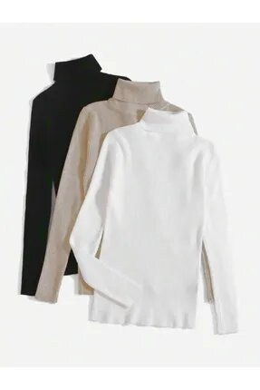 Buteks Unisex Bej - Beyaz- Siyah 3’lü Premium Pamuklu Balıkçı Yaka Şardonlu Slimfit Boğazlı Kazak