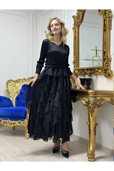 butikbanum Siyah Renk Sim Detaylı Fırfırlı Likralı İthal Elbise Standart Beden