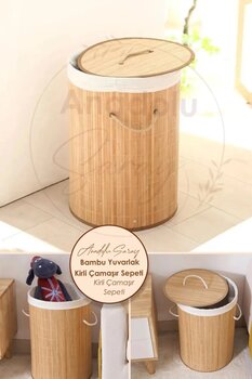 Anadolu Saray Doğal Bambu Kirli Çamaşır Sepeti Yuvarlak Model Bambu Dayanıklı Kirli Çamaşır Sepeti