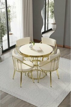 By Orhan Güzel 4 Kişilik Mutfak Masa Takımı Yuvarlak Masa Takımı Uzay Gold Krem Masa Takımı