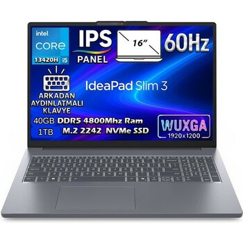 Lenovo Ideapad Slim 3 16IRH10 Intel Core I5-13420H 40GB 1tb SSD 16'' Wuxga (1920X1200) IPS Panel Freedos Taşınabilir Dizüstü Bilgisayar 83K20073TR-BS5