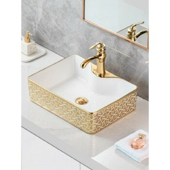 Tezgah Üstü Seramik Çanak Lavabo Banyo Lavabosu Beyaz-Gold - Beyaz