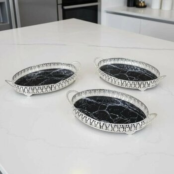 3 Adet Gümüş Renk Mermer Desen Metal Çerçeveli Cam Tepsi - 28x19 Cm Gümüş