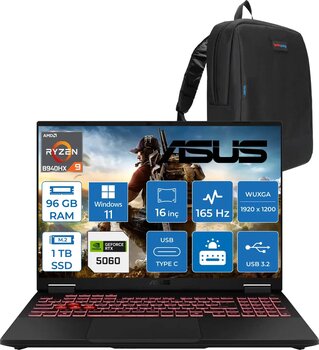 Asus Tuf Gaming A16 FA608PM-RV026 Amd Ryzen 9 8940HX Aı 96GB Ddr5 1tb SSD RTX5060-8GB 115W 165Hz 16"wuxga IPS Windows 11 Hom Taşınabilir Bilgisayar WRV026H28+ZETTAÇANTA