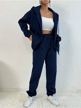 Lacivert Kapüşonlu Fermuarlı Kalın Kışlık Oversize Kadın Eşofman Takımı - 2XL