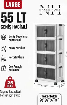 NAKRA HOME Katlanabilir 4 Katlı Tekerlekli Plastik Dolap – Çok Amaçlı Portatif Organizer (Geniş Hacim) “Beyaz”