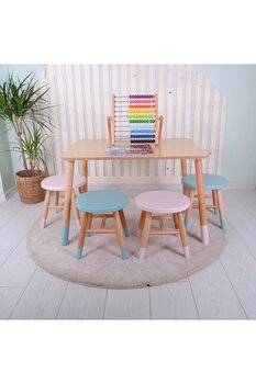 Anne ve Tasarım Özel Üretim 2-6 Yaş Ağaç 4 Çocuk Taburesi Ve 4 Kişilik Masa
