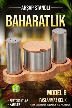 Fithome Ahşap Stantlı Paslanmaz Çelik Baharatlık Tuzluk Peçetelik Seti Menaj Seti - MODEL 8