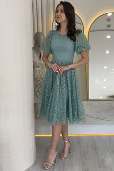 thezkscom Kadın Balon Kol Simli Kloş Midi Boy Abiye Elbise Su Yeşili, Siyah XS Beden