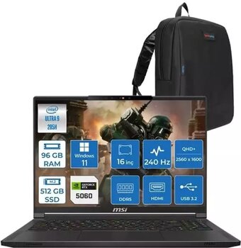 Msı Stealth 16 Aı Ultra 9 285H 96GB Ddr5 512GB SSD 8GB/RTX5060/95W 16" Qhd+ 240hz OLED Windows 11 Home Taşınabilir Bilgisayar A2HWFGH21 + Zettaçanta