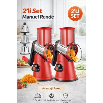 Berdina Home 2li Vegetable Grinder Eko Dilimleyici Kollu Rende Öğütücü 3 Çelik Bıçaklı Sebze Doğrayıcı Mutfak Robotu - Kırmızı