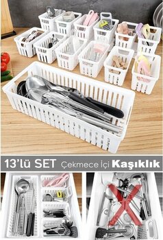 13 Parça Modüler Kaşıklık Seti - Çok Amaçlı Çekmece İçi Düzenleyici Mutfak Organizer Kepçelik Beyaz