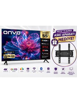 Onvo 55Vq90f3ua 4K Ultra Hd 55" 140 Ekran Uydu Alıcılı Google Smart Qled Tv + Askı Aparatı Hediye