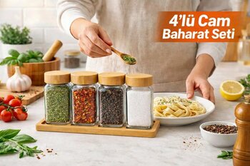 Tiran 5 Parça Bambu Standlı-Kapaklı, Cam Baharatlık Seti, Kare Tasarım, Baharatlık,Tuzluk,Karabiberlik