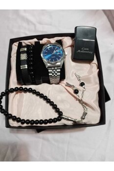 QUARTZ Özel Kutulu Hediyelik Çakmaklı Erkek Kombin Saat Seti ( 5 Parça'lı Aksesuar)- 6044