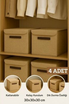 Luxway Home 4lü Jüt Kapaklı Kumaş Dolap Içi Düzenleyici Kutu - 30X30X30 cm Katlanabilir Saklama Kutusu - Diğer - Renkli