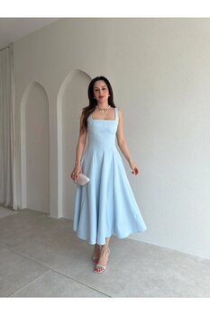 Mooi Butik LAVOİR Kuşaklı Midi Elbise 5480 - Bebe Mavisi M Beden