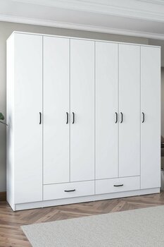 Rani Mobilya Rani BA134 Geniş Gardırop Elbise Dolabı 6 Kapaklı 2 Çekmeceli 14 Raflı 2 Askılı Beyaz