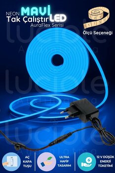 luciole 5 Metre Neon Mavi LED Şerit | AuraFlex | Aç-Kapa Fişli Pratik Çizgisel Aydınlatma