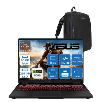 Asus Tuf Gaming A16 Fa608pm-Rv026 Amd Ryzen 9 8940hx Aı 96gb Ddr5 256gb Ssd Rtx5060-8gb 115w 165hz 16"Wuxga Ips Freedos Taşınabilir Bilgisayar Wrv026f26+Zettaçanta