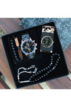 saat&istasyonu Çelik Kordonlu Erkek Kol Saati Seti Erkek Tesbih ''Saatli Çakmak Işıklı ''  Bileklik Spor Saat Seti