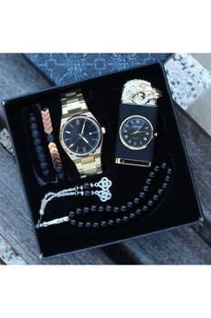 saat&istasyonu Çelik Kordonlu Erkek Kol Saati Seti Erkek Tesbih ''Saatli Çakmak Işıklı '' Bileklik Spor Saat Seti
