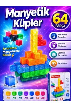 Oyunsal 64 Parça Manyetik Küp Seti – Zeka Geliştirici Eğitici STEM Oyuncak - 8 Renk