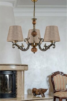 Üç Kollu Ahşaplı Eskitme Elbe Döküm Zamak Avize Kahve Rengi Şapkalı Kahverengi