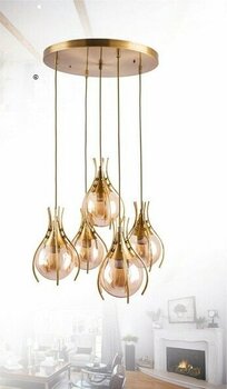 Sedef 5'li Eskitme Boyalı Bal Camlı Sarkıt Avize - Gold