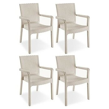 Violet Rattan Sandalye Takımı 4 Kişilik Kollu Koltuk Bahçe Balkon Teras Sandalyesi - Bej - Krem