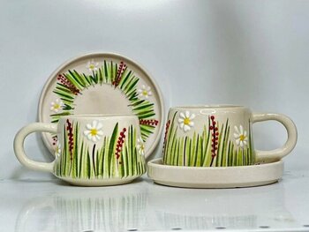 Çiporcal Seramik El Dekoru Beyaz Papatya Klasik 2li Tabaklı Kupa Seti