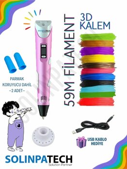 SolinpaTech Pembe 3d Kalem 3d Pen Yazıcı Kalem | Çok Renkli (toplam 59 Metre) Filament Usb Kablo