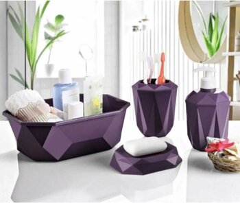 EbruliHomeArt Mor Prizma 4'lü Banyo Seti - Banyo Organizer - Banyo Dekorasyon Seti