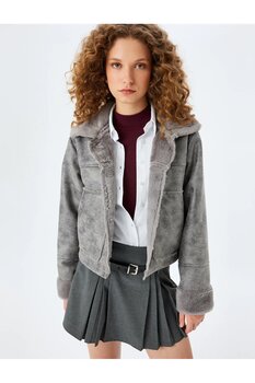 Koton Düğmeli İçi Suni Kürklü Klasik Yaka Deri Görünümlü Ceket 34 Beden