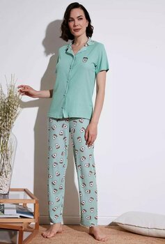 Lela Regular Fit Gömlek Yaka Kısa Kollu Bayan Pijama Takımı 65740102 Mint-Bej
