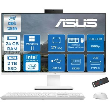 Asus V470VAK Intel Core I7-13620H 24GB Ddr5 512GB SSD 27'' Fhd 100Hz 300NITS Freedos Beyaz Allınone Bilgisayar ABI716512W0DF07+ZETTAUSBBELLEK