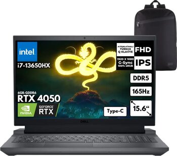 Dell Gaming G15 5530 I7-13650HX 16-GBDDR5 512 GBSSD RTX4050 (6GB) 15.6" 165Hz FHD Windows 11 Pro + HMF Sırt Çantası G155530010UHMF22