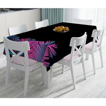 Siyah Zeminli Tropik Yapraklı Özel Tasarım Dijital Baskılı Masa Örtüsü 140 x 220 cm
