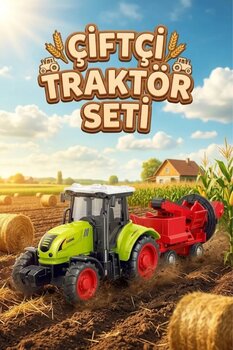 craftivio Oyuncak Römorklu Traktör - Hareketli Çiftlik ve Tarım Aracı - Yeşil Biçerdöver Seti (24.5 cm)